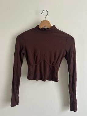 Dynamite Chocolate Brown Ribbed Mock Neck Long Sleeve Top